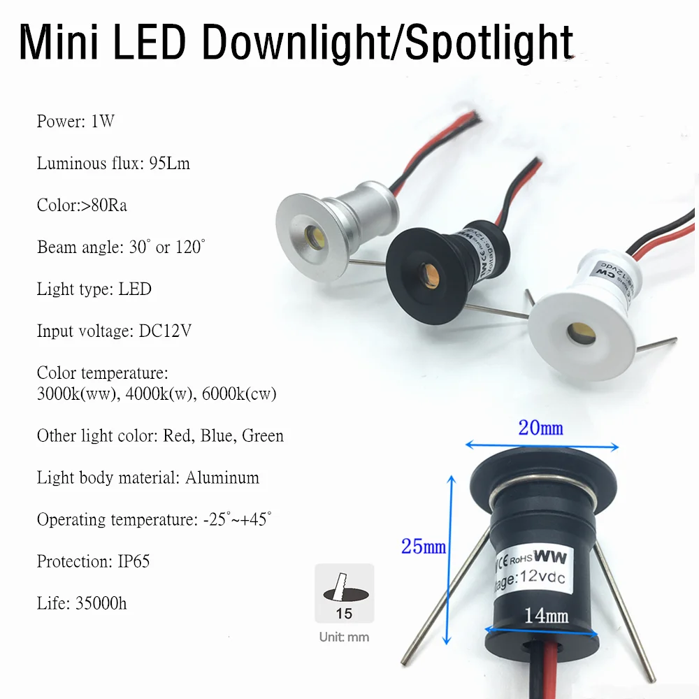 مصباح كشاف صغير 1 واط، مصباح LED صغير 12 فولت قابل للتعتيم، فتحة 15 مم، مصباح سقف غائر IP65، إضاءة عرض من التحرير الجماعيمصباح كشاف صغير 1 واط، مصباح LED صغير 12 فولت قابل للتعتيم، فتحة 15 مم، مصباح سقف غائر IP65، إضاءة عرض - Image 3