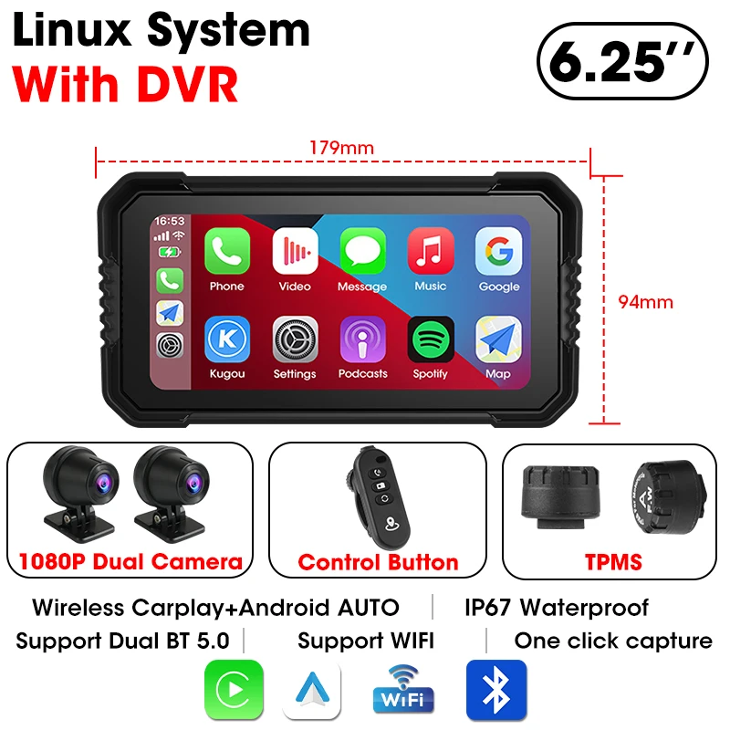 Jansite Portable 6.25 Motorcycle GPS Navigation Wireless Carplay Android Auto DVR Drive Recorder Moto Monitor IPX7 Waterproof من قسم التحرير الجماعيجهاز جانسيت المحمول 6.25 بوصة للملاحة عبر نظام تحديد المواقع العالمي (GPS) للدراجات النارية، لاسلكي، يدعم نظامي كاربلاي وأندرويد أوتو، مسجل فيديو رقمي (DVR) لتسجيل القيادة، مقاوم للماء بمعيار IPX7 - Image 7