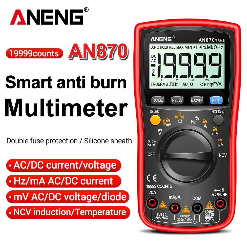 ANENG AN870 Smart Multimeter Digital Professional 19999 Counts AC Voltage Tester Current NCV Capacityance Resistance Ohm Test Tool من التحرير الجماعيجهاز قياس متعدد رقمي ذكي احترافي ANENG AN870، مزود بـ 19999 عدّة، يقيس جهد التيار المتردد، التيار، السعة، المقاومة، والمقاومة بالأوم.