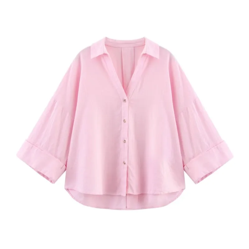 HipSeam Wide Sleeved Shirt Women Spring Asymmetric Hem Button Women's Shirts Simple Lady Johnny Collar Shirts & Blouses من التحرير الجماعيقميص نسائي بأكمام واسعة من HipSeam، مناسب لفصل الربيع، بحافة غير متماثلة وأزرار، قمصان نسائية بسيطة بياقة جوني وبلوزات - Image 2