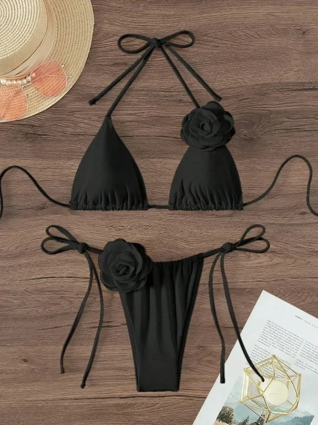 S - L Sexy 3D Flowers Halter Strappy Bikini Women Swimwear Female Swimsuit Two-pieces Bikini Set Bather Bathing Suit Swim من التحرير الجماعيمقاسات من S إلى L، بيكيني مثير ثلاثي الأبعاد مزين بالزهور، بتصميم هالتر وحمالات، ملابس سباحة نسائية، طقم بيكيني من قطعتين، ملابس سباحة - Image 8