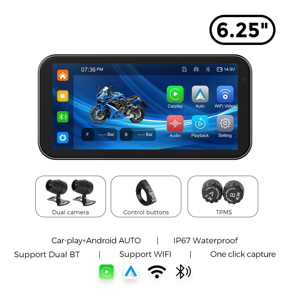 جهاز ملاحة GPS للدراجات النارية محمول مقاس 6.25 بوصة مقاوم للماء بمعيار IP67، يدعم CarPlay وAndroid Auto وDVR لتسجيل القيادة وشاشة مراقبة للدراجات النارية مع واي فاي من قسم التحرير الجماعيجهاز ملاحة GPS للدراجات النارية محمول بشاشة 6.25 بوصة، مقاوم للماء بمعيار IP67، مزود بتقنية لاسلكية CarPlay وAndroid Auto، مسجل فيديو رقمي للقيادة، وشاشة مراقبة للدراجات النارية بتقنية واي فاي - Image 10