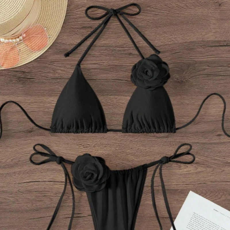 S - L Sexy 3D Flowers Halter Strappy Bikini Women Swimwear Female Swimsuit Two-pieces Bikini Set Bather Bathing Suit Swim من التحرير الجماعيمقاسات من S إلى L، بيكيني مثير ثلاثي الأبعاد مزين بالزهور، بتصميم هالتر وحمالات، ملابس سباحة نسائية، طقم بيكيني من قطعتين، ملابس سباحة - Image 5