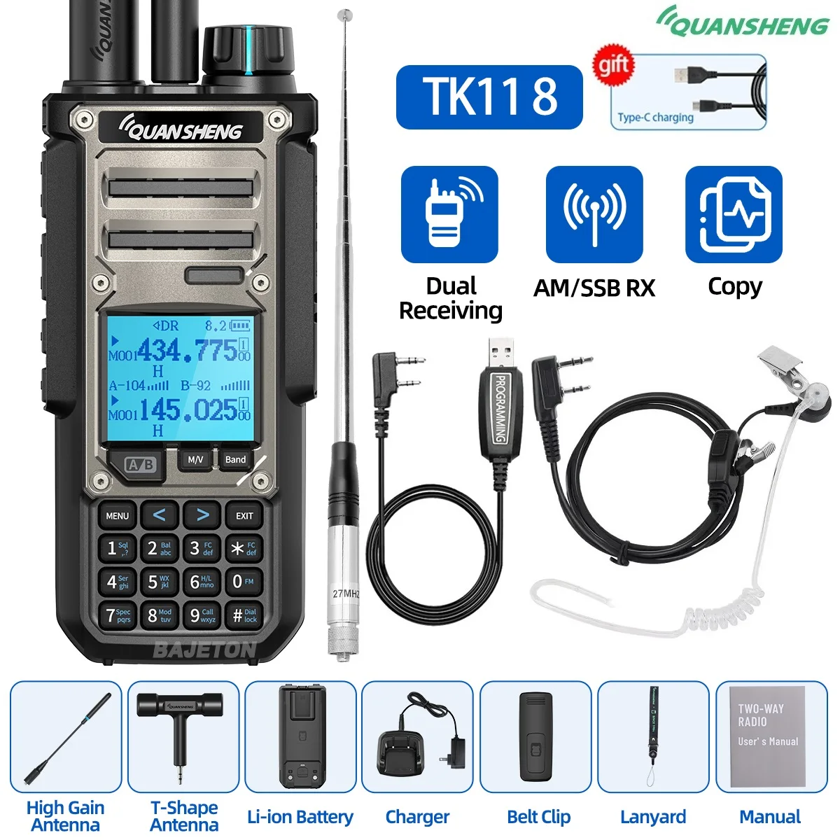 Quansheng TK11 8 Walkie Talkie Ham Radio 10W Dual Receiving PTT 27MHz CB CW LSB LW MW SW Type-C Charger NOAA for UV-K5 8 TK-11 5 من التحرير الجماعيجهاز لاسلكي هواة Quansheng TK11 8، بقدرة 10 واط، استقبال مزدوج، زر إرسال/تحدث، بتردد 27 ميجاهرتز، يدعم أنماط CB وCW وLSB وLW وMW وSW، مزود بشاحن من النوع C، متوافق مع NOAA لكاميرا UV-K5 8 TK-11 5 - Image 9