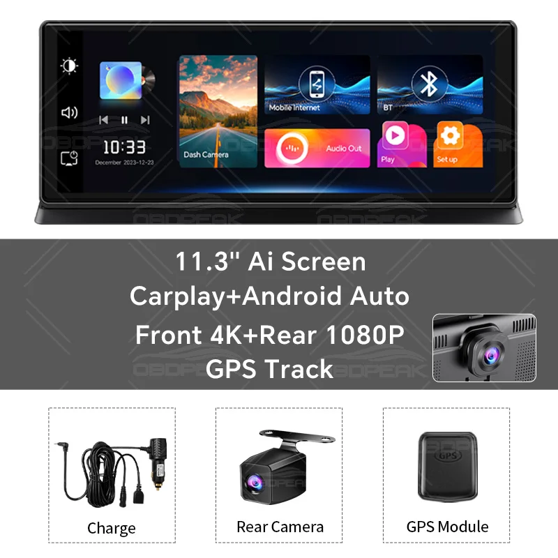 K2 Pro 11.3" Car DVR 4K Camera Wireless Carplay Android auto Ai Screen Dash Cam Dual Len Video Recorder GPS Navigation Dashboard - Image 7