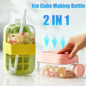 2in1 Ice Maker Ice Cube Tray with Lid Straw NO TOUCH Silicone Ice Cube Cup for Fridge NO SPILL Ice Mold for Freezer Water Bottle
