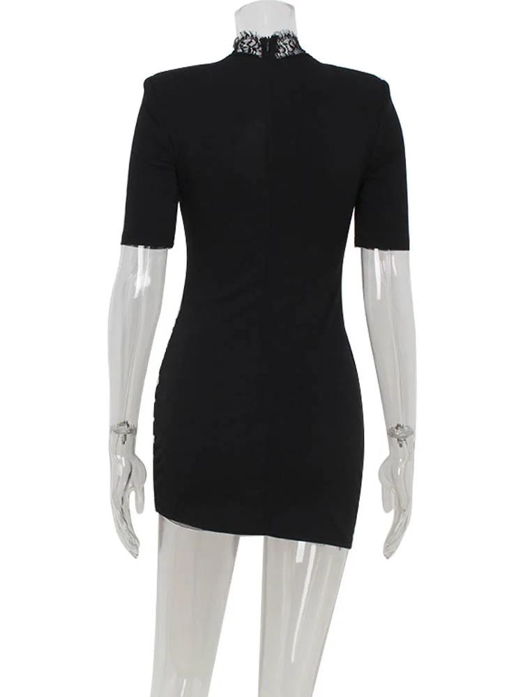 Huhugirl Lace Patchwork Hollow Out Bodycon Sheath High Collar Women Dresses Half Sleeve Outfits Sexy Club Fashion Female Dresses من قسم التحرير الجماعيفستان نسائي ضيق بياقة عالية مزين بالدانتيل من Huhugirl، بتصميم مرقع ومفرغ، بأكمام نصفية، مناسب للمناسبات الخاصة، فستان سهرة أنيق وجذاب. - Image 6