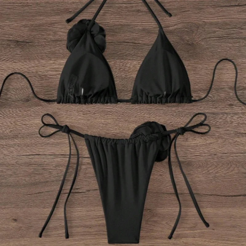 S - L Sexy 3D Flowers Halter Strappy Bikini Women Swimwear Female Swimsuit Two-pieces Bikini Set Bather Bathing Suit Swim من التحرير الجماعيمقاسات من S إلى L، بيكيني مثير ثلاثي الأبعاد مزين بالزهور، بتصميم هالتر وحمالات، ملابس سباحة نسائية، طقم بيكيني من قطعتين، ملابس سباحة - Image 3