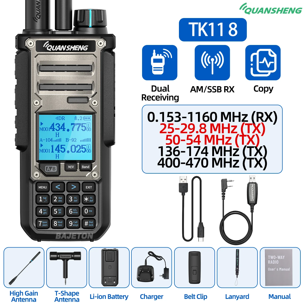 Quansheng TK11 8 Walkie Talkie Ham Radio 10W Dual Receiving PTT 27MHz CB CW LSB LW MW SW Type-C Charger NOAA for UV-K5 8 TK-11 5 من التحرير الجماعيجهاز لاسلكي هواة Quansheng TK11 8، بقدرة 10 واط، استقبال مزدوج، زر إرسال/تحدث، بتردد 27 ميجاهرتز، يدعم أنماط CB وCW وLSB وLW وMW وSW، مزود بشاحن من النوع C، متوافق مع NOAA لكاميرا UV-K5 8 TK-11 5 - Image 11