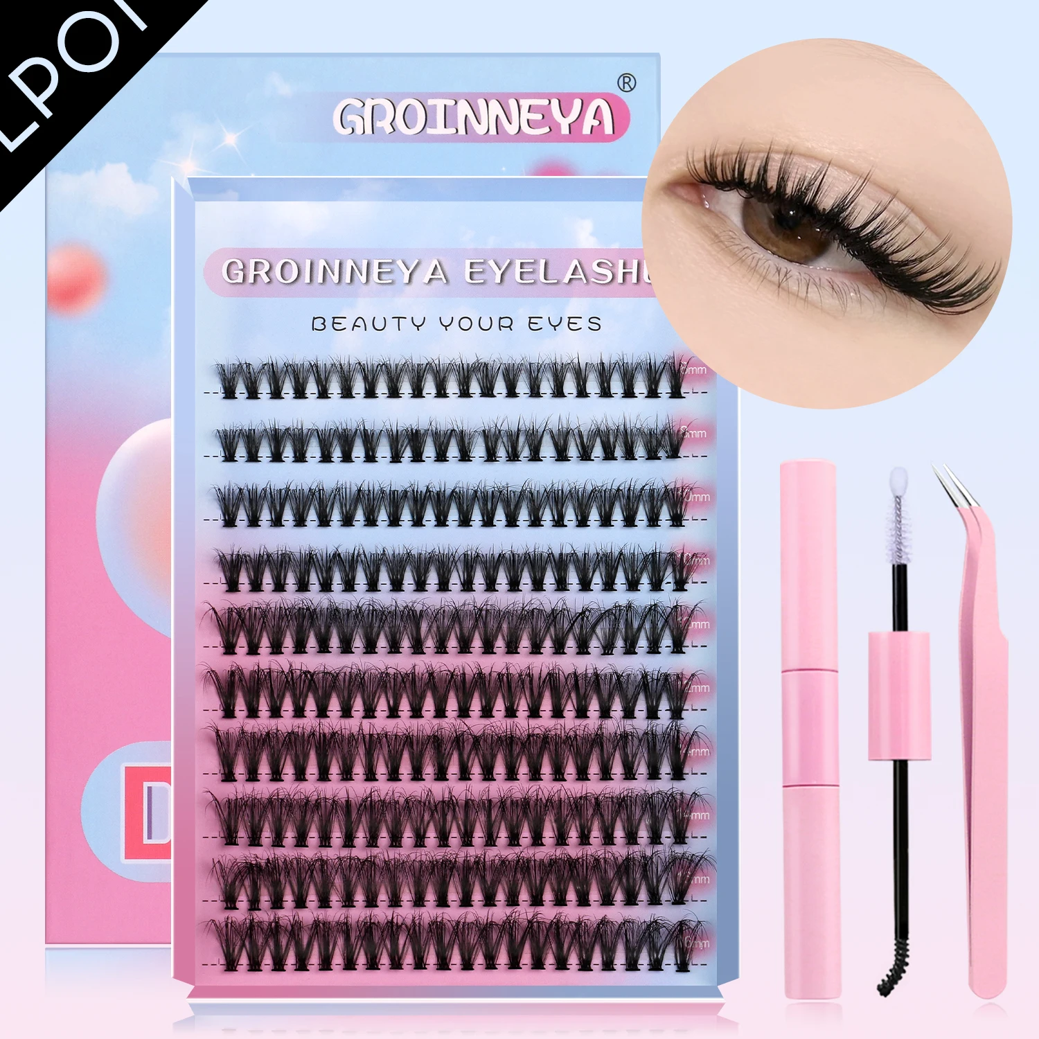 مجموعة رموش GROINNEYA DIY Lash Clusters Set Mixed Tray Lashes Kit Fluffy Individual Lashes Extension with Lash Bond and Seal At Home Makeup من قسم التحرير الجماعيمجموعة رموش جروينيا DIY، علبة رموش متنوعة، مجموعة رموش فردية كثيفة مع لاصق ومثبت للرموش، مكياج منزلي - Image 16