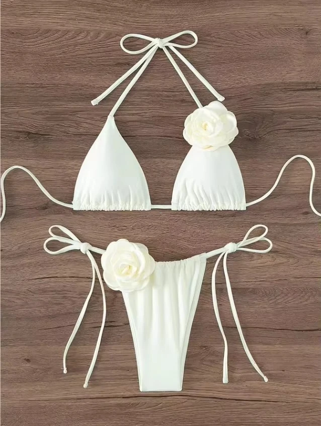 S - L Sexy 3D Flowers Halter Strappy Bikini Women Swimwear Female Swimsuit Two-pieces Bikini Set Bather Bathing Suit Swim من التحرير الجماعيمقاسات من S إلى L، بيكيني مثير ثلاثي الأبعاد مزين بالزهور، بتصميم هالتر وحمالات، ملابس سباحة نسائية، طقم بيكيني من قطعتين، ملابس سباحة - Image 7