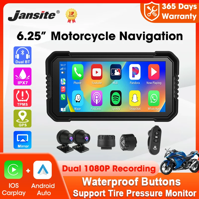 Jansite Portable 6.25 Motorcycle GPS Navigation Wireless Carplay Android Auto DVR Drive Recorder Moto Monitor IPX7 Waterproof من قسم التحرير الجماعيجهاز جانسيت المحمول 6.25 بوصة للملاحة عبر نظام تحديد المواقع العالمي (GPS) للدراجات النارية، لاسلكي، يدعم نظامي كاربلاي وأندرويد أوتو، مسجل فيديو رقمي (DVR) لتسجيل القيادة، مقاوم للماء بمعيار IPX7