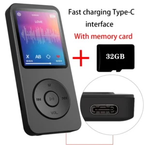 مشغل MP3 بمنفذ شحن سريع من النوع C (مع بطاقة ذاكرة 32 جيجابايت) وإصدار بلوتوث 5.4، ومشغل موسيقى، وراديو FM، وتسجيل كتب إلكترونية من التحرير الجماعيمشغل MP3، منفذ USB-C، منفذ شحن سريع (مع بطاقة ذاكرة 32 جيجابايت)، بلوتوث 5.4، مشغل موسيقى، راديو FM، تسجيل، قراءة الكتب الإلكترونية