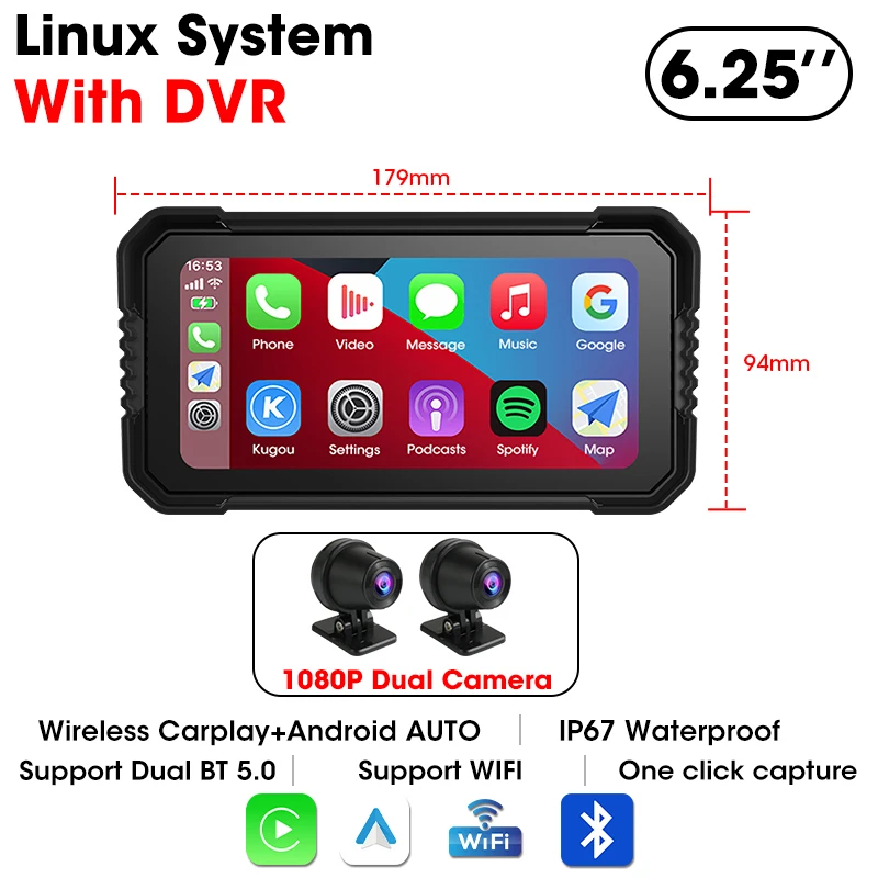 Jansite Portable 6.25 Motorcycle GPS Navigation Wireless Carplay Android Auto DVR Drive Recorder Moto Monitor IPX7 Waterproof من قسم التحرير الجماعيجهاز جانسيت المحمول 6.25 بوصة للملاحة عبر نظام تحديد المواقع العالمي (GPS) للدراجات النارية، لاسلكي، يدعم نظامي كاربلاي وأندرويد أوتو، مسجل فيديو رقمي (DVR) لتسجيل القيادة، مقاوم للماء بمعيار IPX7 - Image 8