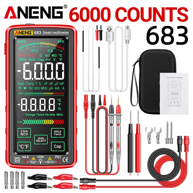 ANENG 683 Smart Multimeter Rechargeable High-end Touch 6000 Counts Multimetro Test Multitester AC/DC Voltage Tester Current Tool من التحرير الجماعيجهاز قياس متعدد ذكي ANENG 683 قابل لإعادة الشحن، عالي الجودة، يعمل باللمس، بسعة 6000 عد، جهاز اختبار متعدد الوظائف، جهاز اختبار جهد التيار المتردد/المستمر، أداة قياس التيار - Image 9