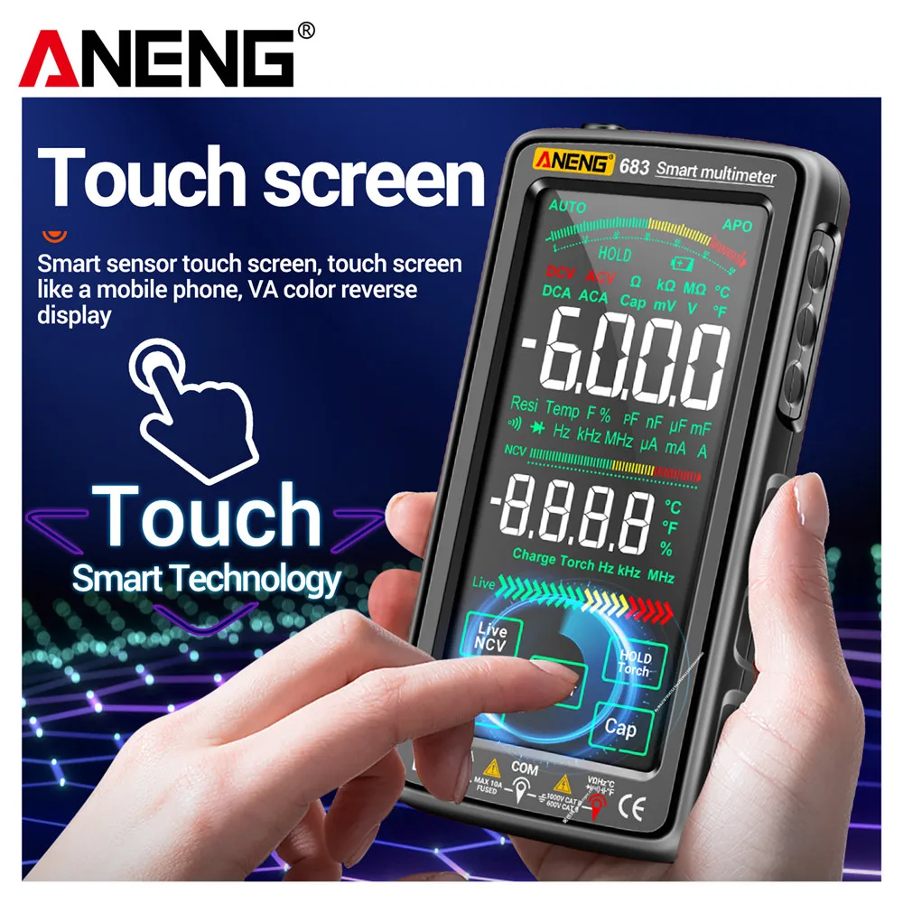 ANENG 683 Smart Multimeter Rechargeable High-end Touch 6000 Counts Multimetro Test Multitester AC/DC Voltage Tester Current Tool من التحرير الجماعيجهاز قياس متعدد ذكي ANENG 683 قابل لإعادة الشحن، عالي الجودة، يعمل باللمس، بسعة 6000 عد، جهاز اختبار متعدد الوظائف، جهاز اختبار جهد التيار المتردد/المستمر، أداة قياس التيار - Image 2