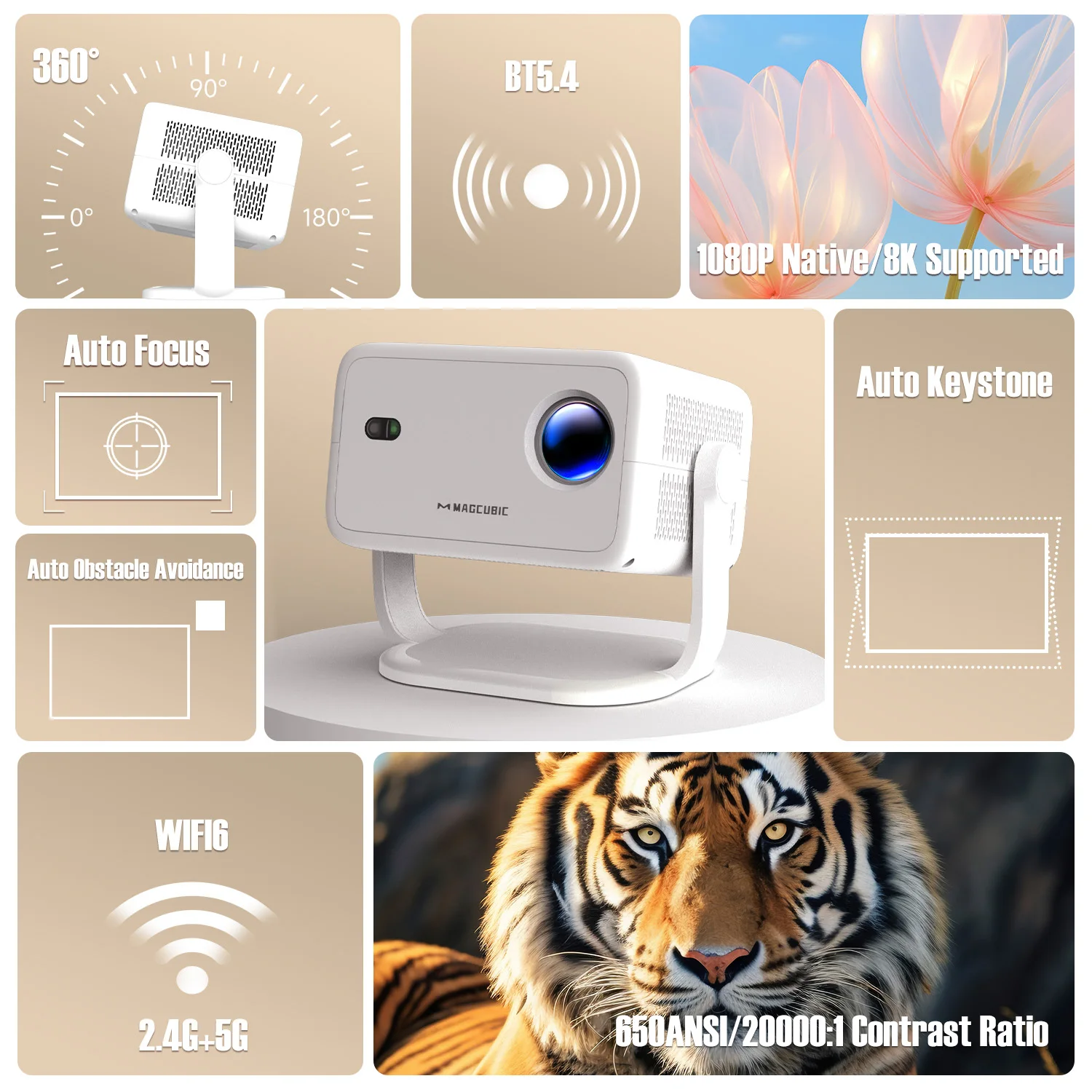 Magcubic Native 1080P 650ANSI 8K Android 14 L018 360° Projector With Auto Keystone Focus Air Mouse Wifi6 BT5.4 Portable Outdoor من قسم التحرير الجماعيجهاز عرض Magcubic Native بدقة 1080P و650ANSI و8K، يعمل بنظام Android 14 L018، بزاوية رؤية 360 درجة، مزود بخاصية تصحيح الانحراف التلقائي، وفأرة هوائية، ويدعم تقنية Wi-Fi 6 وBluetooth 5.4، وهو جهاز محمول للاستخدام الخارجي. - Image 2