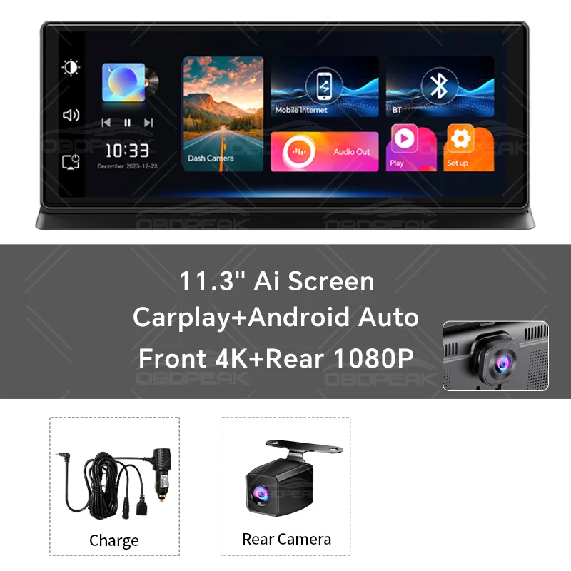 K2 Pro 11.3" Car DVR 4K Camera Wireless Carplay Android auto Ai Screen Dash Cam Dual Len Video Recorder GPS Navigation Dashboard - Image 8