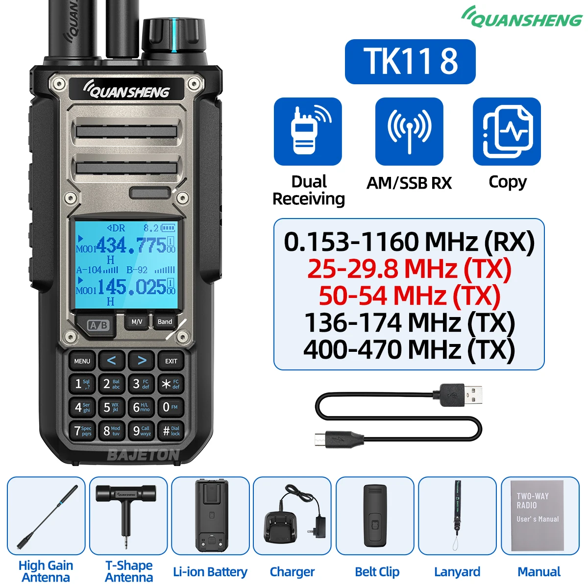 Quansheng TK11 8 Walkie Talkie Ham Radio 10W Dual Receiving PTT 27MHz CB CW LSB LW MW SW Type-C Charger NOAA for UV-K5 8 TK-11 5 من التحرير الجماعيجهاز لاسلكي هواة Quansheng TK11 8، بقدرة 10 واط، استقبال مزدوج، زر إرسال/تحدث، بتردد 27 ميجاهرتز، يدعم أنماط CB وCW وLSB وLW وMW وSW، مزود بشاحن من النوع C، متوافق مع NOAA لكاميرا UV-K5 8 TK-11 5 - Image 12