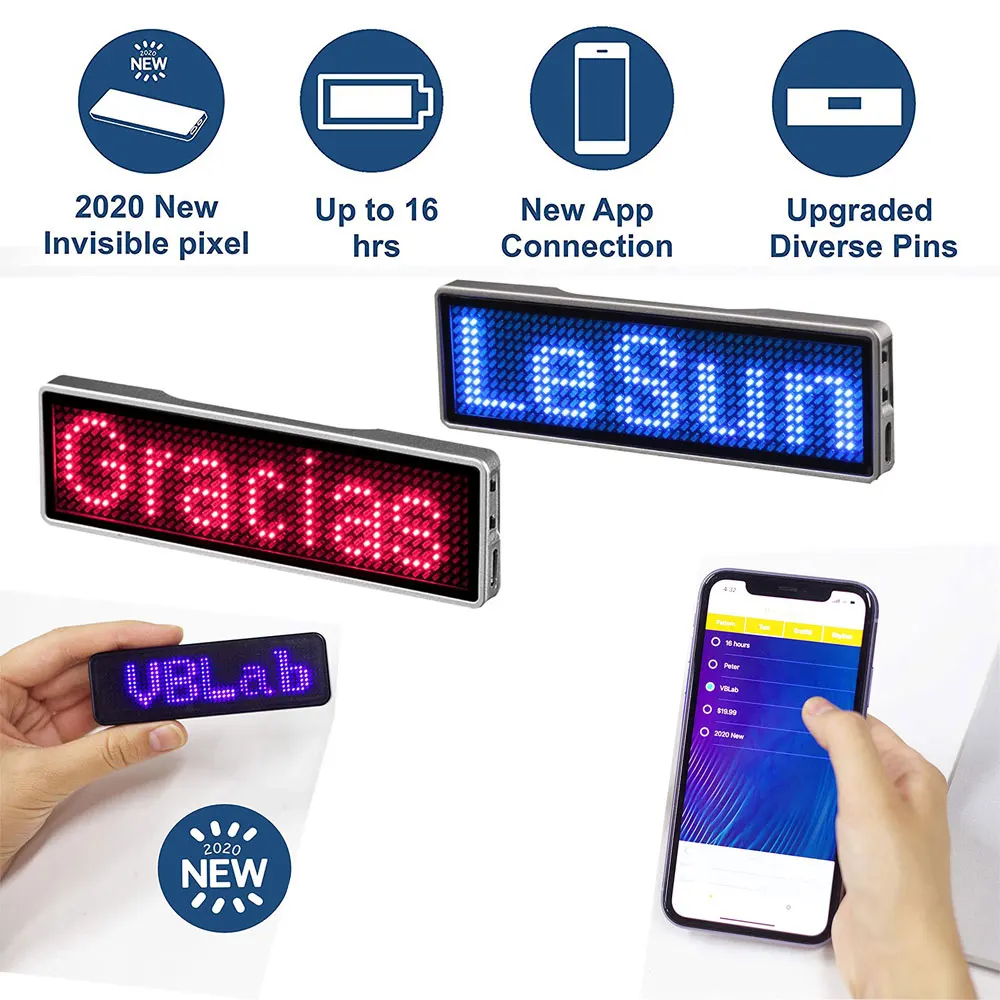 شارة اسم LED بلوتوث جديدة تمامًا، لوحة رسائل قابلة للبرمجة، شاشة LED صغيرة، عرض نمط نص وأرقام عالية الدقة من التحرير الجماعيشارة اسم LED جديدة كليًا بتقنية بلوتوث، لوحة رسائل قابلة للبرمجة، شاشة LED صغيرة، عرض نص عالي الدقة، عرض أرقام وأنماط