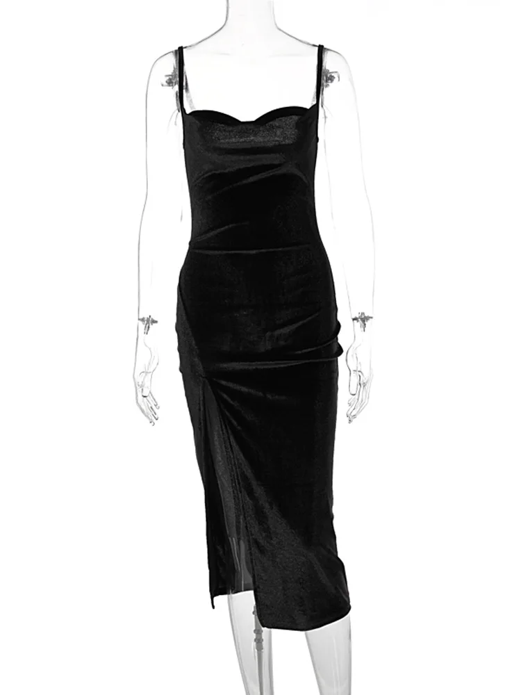 Hugcitar Velvet Swing Collar Without Slip Sexy Slit Maxi Dress 2025 New Fashion Evening Party Women Elegant Streetwear Y2K من قسم التحرير الجماعيفستان ماكسي أنيق بفتحة جانبية، بياقة متأرجحة من المخمل، بدون أكمام، من Hugcitar، بتصميم عصري جديد لعام 2025، مناسب لحفلات السهرة والمناسبات الرسمية، قطعة أنيقة وعصرية. - Image 6