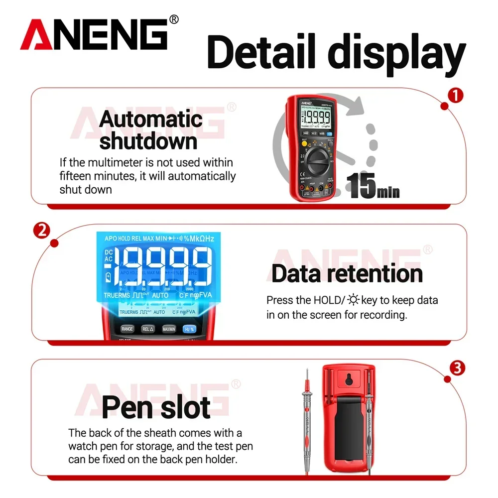 ANENG AN870 Smart Multimeter Digital Professional 19999 Counts AC Voltage Tester Current NCV Capacityance Resistance Ohm Test Tool من التحرير الجماعيجهاز قياس متعدد رقمي ذكي احترافي ANENG AN870، مزود بـ 19999 عدّة، يقيس جهد التيار المتردد، التيار، السعة، المقاومة، والمقاومة بالأوم. - Image 5