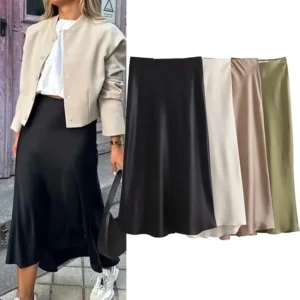 Willshela 2024 Black Satin Skirt Woman High Waist Elegant Long Skirts For Women Fashion Summer Midi Skirt Office Womens Skirts من قسم التحرير الجماعيتنورة ويلشيلا 2024 سوداء من الساتان، تنورة طويلة أنيقة بخصر عالٍ للنساء، تنورة ميدي صيفية عصرية للنساء، تنانير نسائية للعمل