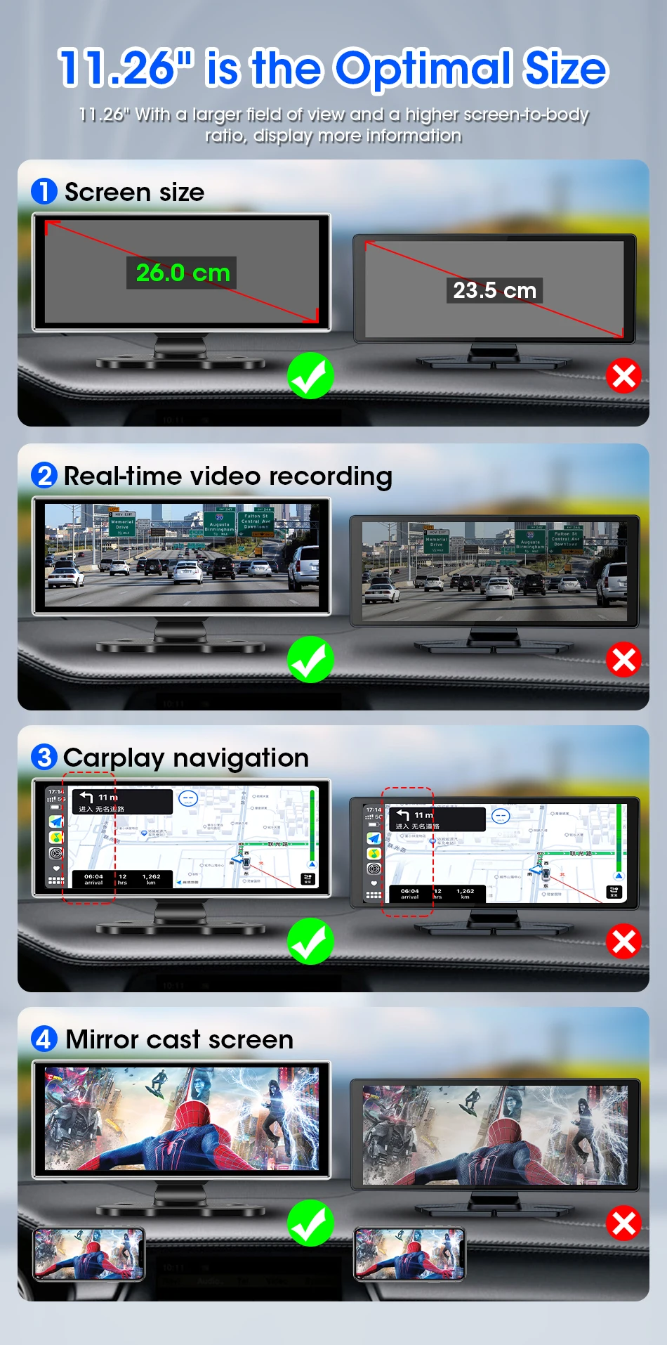10/11.26 inch Dash Cam 4K Car DVR Wireless Carplay & Android Auto GPS Navigation Video Recorder Dashboard Dual Lens Wifi FM AUX - Image 2