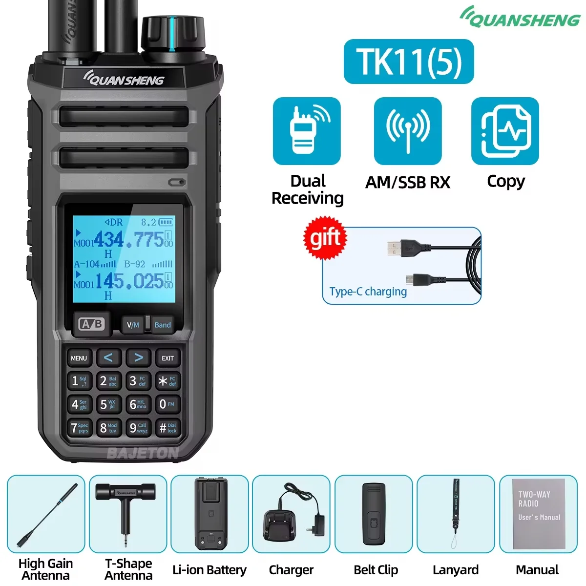 Quansheng TK11 8 Walkie Talkie Ham Radio 10W Dual Receiving PTT 27MHz CB CW LSB LW MW SW Type-C Charger NOAA for UV-K5 8 TK-11 5 من التحرير الجماعيجهاز لاسلكي هواة Quansheng TK11 8، بقدرة 10 واط، استقبال مزدوج، زر إرسال/تحدث، بتردد 27 ميجاهرتز، يدعم أنماط CB وCW وLSB وLW وMW وSW، مزود بشاحن من النوع C، متوافق مع NOAA لكاميرا UV-K5 8 TK-11 5 - Image 10
