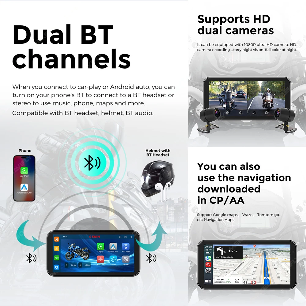 جهاز ملاحة GPS للدراجات النارية محمول مقاس 6.25 بوصة مقاوم للماء بمعيار IP67، يدعم CarPlay وAndroid Auto وDVR لتسجيل القيادة وشاشة مراقبة للدراجات النارية مع واي فاي من قسم التحرير الجماعيجهاز ملاحة GPS للدراجات النارية محمول بشاشة 6.25 بوصة، مقاوم للماء بمعيار IP67، مزود بتقنية لاسلكية CarPlay وAndroid Auto، مسجل فيديو رقمي للقيادة، وشاشة مراقبة للدراجات النارية بتقنية واي فاي - Image 3