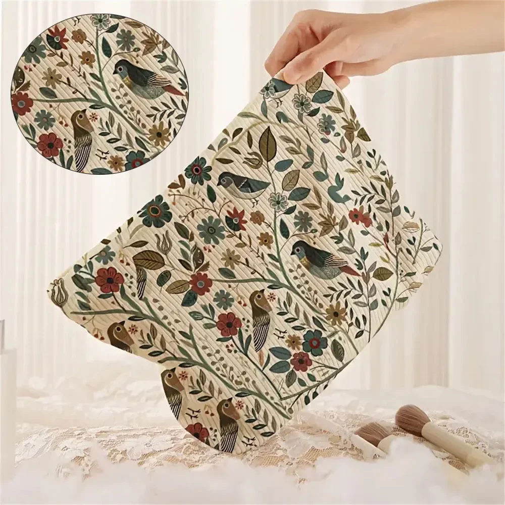 1pc Cosmetic Bags Branch Bird Pattern Women's Makeup Bag Corduroy Cosmetic Storage Bag Portable Commuting Travel Toiletry Bag - Image 3
