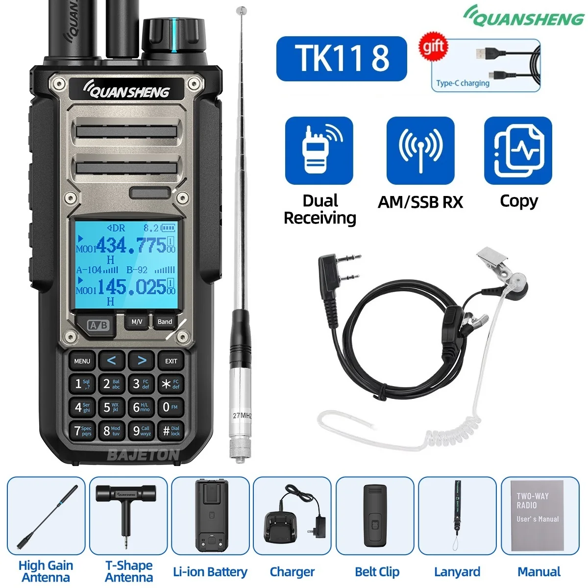 Quansheng TK11 8 Walkie Talkie Ham Radio 10W Dual Receiving PTT 27MHz CB CW LSB LW MW SW Type-C Charger NOAA for UV-K5 8 TK-11 5 من التحرير الجماعيجهاز لاسلكي هواة Quansheng TK11 8، بقدرة 10 واط، استقبال مزدوج، زر إرسال/تحدث، بتردد 27 ميجاهرتز، يدعم أنماط CB وCW وLSB وLW وMW وSW، مزود بشاحن من النوع C، متوافق مع NOAA لكاميرا UV-K5 8 TK-11 5 - Image 8