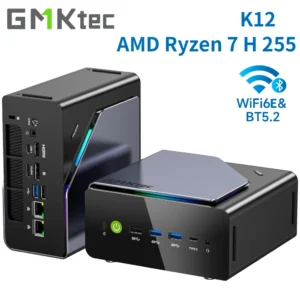 GMKtec K12 Gaming Mini PC AMD Ryzen 7 H 255 (Upgraded 8745HS) Desktop Mini Computers Radeon 780M WiFi 6E/BT5.2, USB-C, Barebone من التحرير الجماعيكمبيوتر GMKtec K12 للألعاب، صغير الحجم، بمعالج AMD Ryzen 7 H 255 (مُطوّر من 8745HS)، كمبيوتر مكتبي صغير، بطاقة رسومات Radeon 780M، يدعم WiFi 6E/BT5.2، منفذ USB-C، هيكل أساسي.