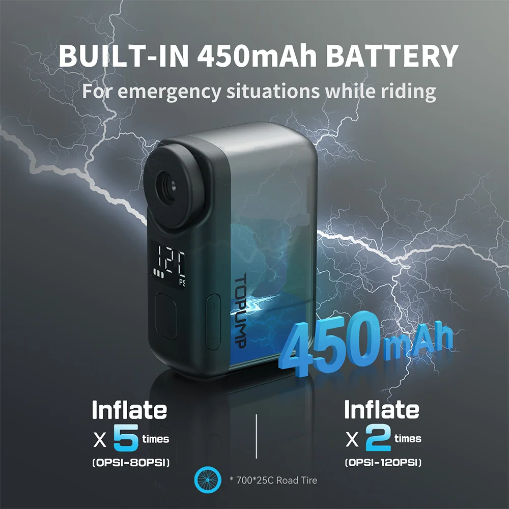TOPUMP TB2 PRO Mini Portable Electric Pump for Bike Cordless Tire Inflator 120PSI Max 450mAh Battery with Screen Fast Shipping من قسم التحرير الجماعيمضخة هواء كهربائية صغيرة محمولة للدراجات من توبامب TB2 برو، لاسلكية، لنفخ إطارات الدراجات، ضغط هواء يصل إلى 120 رطل لكل بوصة مربعة، بطارية 450 مللي أمبير مع شاشة وشحن سريع - Image 6