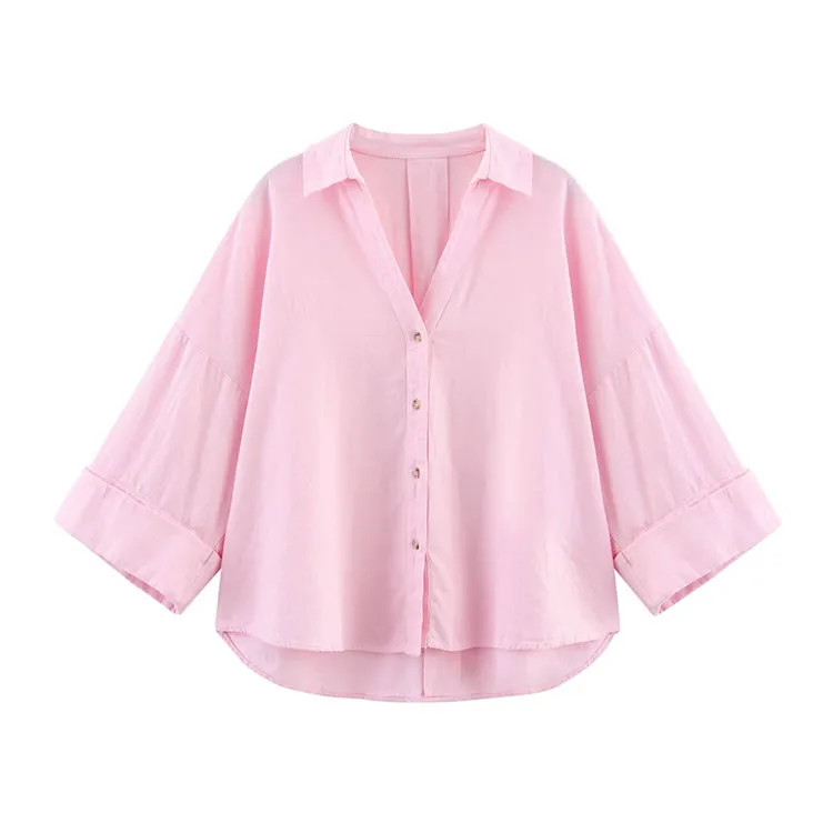 HipSeam Wide Sleeved Shirt Women Spring Asymmetric Hem Button Women's Shirts Simple Lady Johnny Collar Shirts & Blouses من التحرير الجماعيقميص نسائي بأكمام واسعة من HipSeam، مناسب لفصل الربيع، بحافة غير متماثلة وأزرار، قمصان نسائية بسيطة بياقة جوني وبلوزات - Image 9