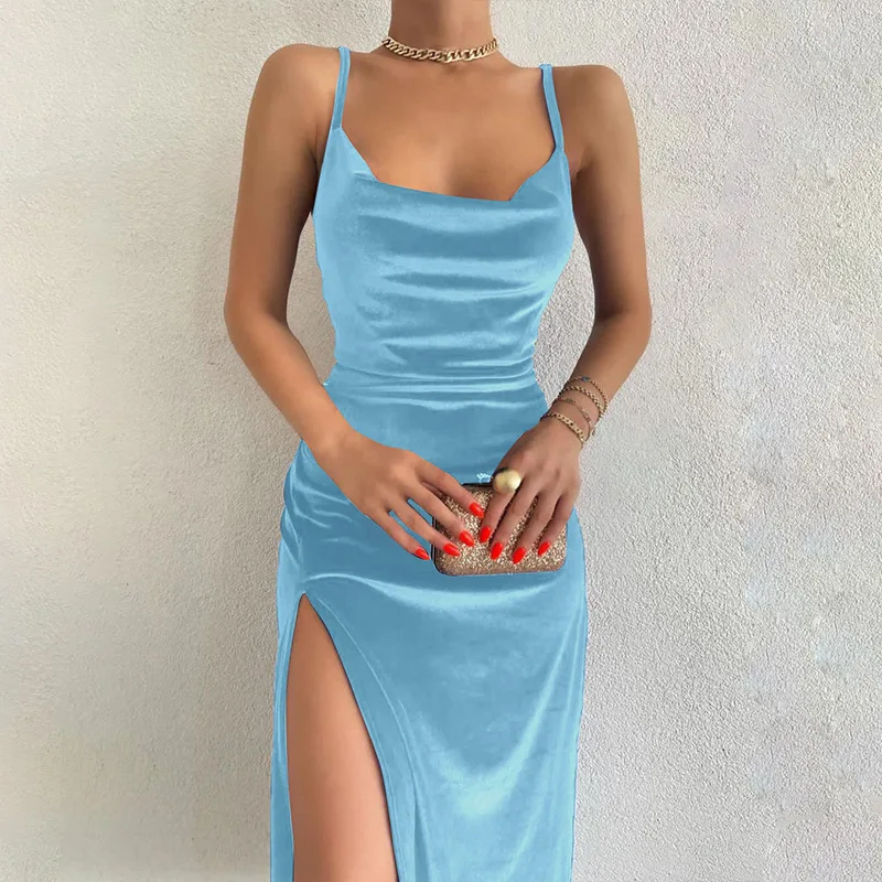 Hugcitar Velvet Swing Collar Without Slip Sexy Slit Maxi Dress 2025 New Fashion Evening Party Women Elegant Streetwear Y2K من قسم التحرير الجماعيفستان ماكسي أنيق بفتحة جانبية، بياقة متأرجحة من المخمل، بدون أكمام، من Hugcitar، بتصميم عصري جديد لعام 2025، مناسب لحفلات السهرة والمناسبات الرسمية، قطعة أنيقة وعصرية. - Image 11