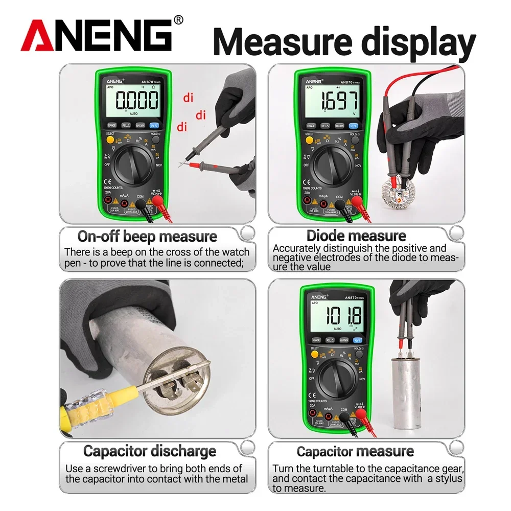 ANENG AN870 Smart Multimeter Digital Professional 19999 Counts AC Voltage Tester Current NCV Capacityance Resistance Ohm Test Tool من التحرير الجماعيجهاز قياس متعدد رقمي ذكي احترافي ANENG AN870، مزود بـ 19999 عدّة، يقيس جهد التيار المتردد، التيار، السعة، المقاومة، والمقاومة بالأوم. - Image 6