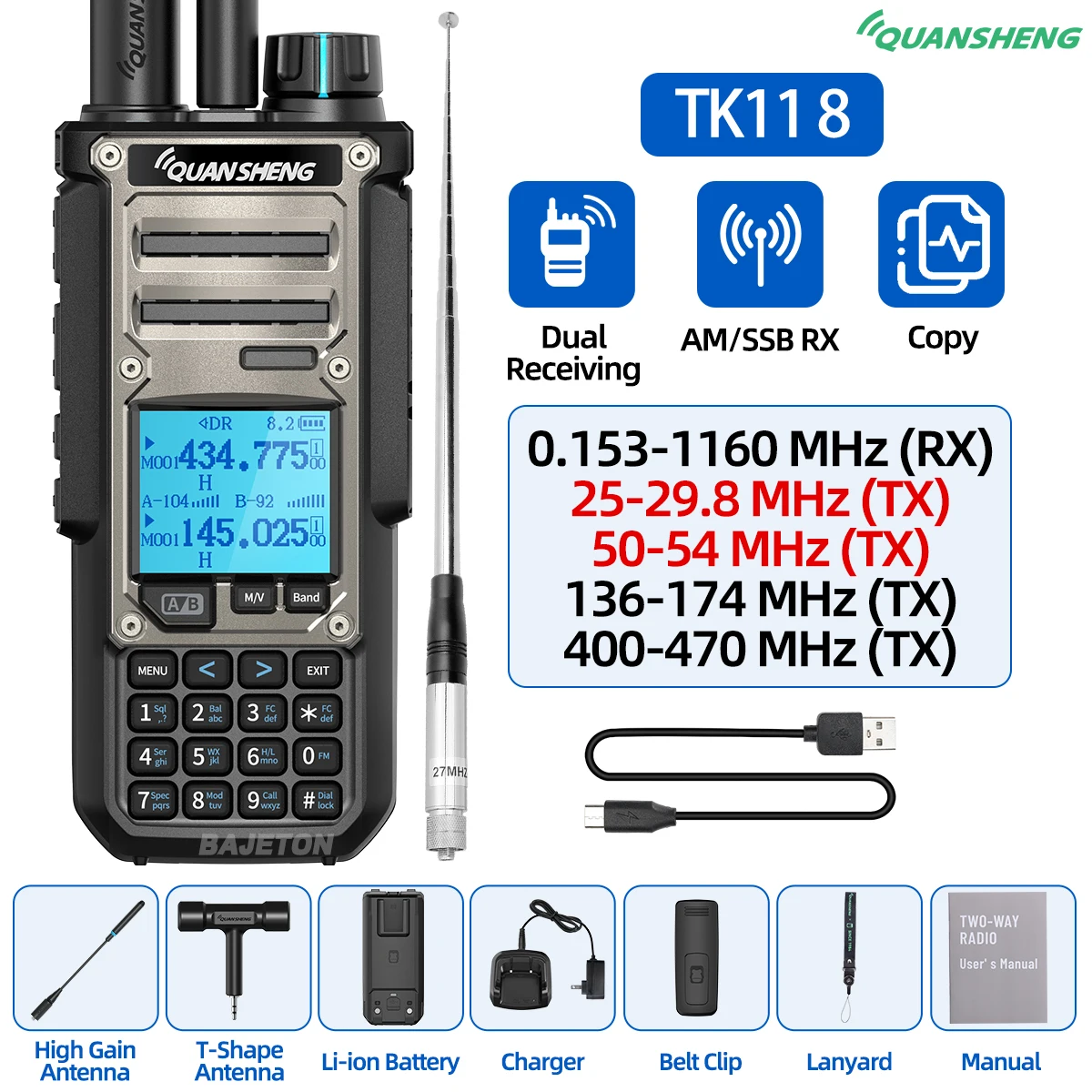 Quansheng TK11 8 Walkie Talkie Ham Radio 10W Dual Receiving PTT 27MHz CB CW LSB LW MW SW Type-C Charger NOAA for UV-K5 8 TK-11 5 من التحرير الجماعيجهاز لاسلكي هواة Quansheng TK11 8، بقدرة 10 واط، استقبال مزدوج، زر إرسال/تحدث، بتردد 27 ميجاهرتز، يدعم أنماط CB وCW وLSB وLW وMW وSW، مزود بشاحن من النوع C، متوافق مع NOAA لكاميرا UV-K5 8 TK-11 5 - Image 13