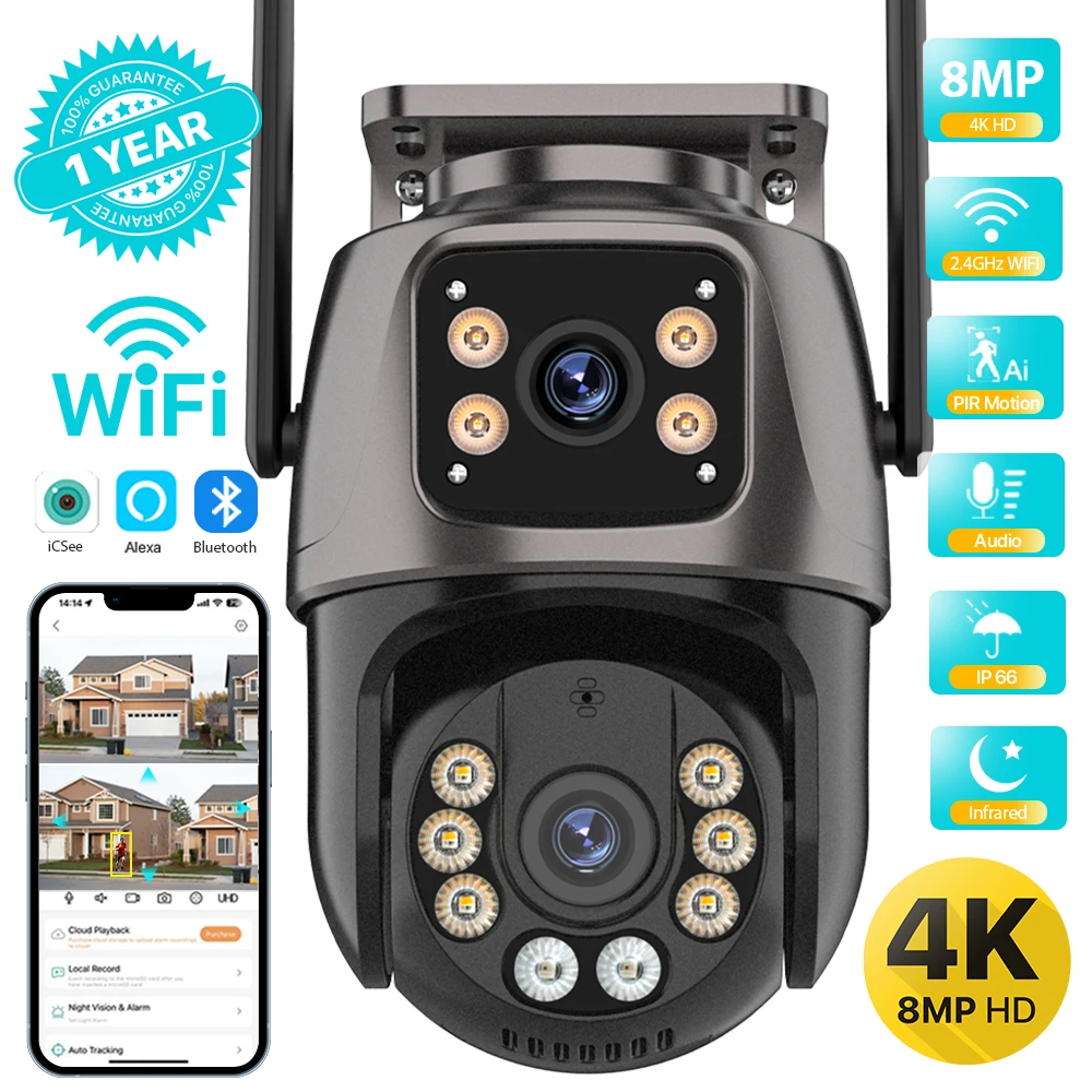 كاميرا 4K 8MP HD Wifi PTZ الخارجية ذات العدسة المزدوجة 4MP والشاشة المزدوجة والتتبع التلقائي بتقنية الذكاء الاصطناعي وكاميرا IP للمراقبة الصوتية والمرئية بتقنية P2P iCSee من التحرير الجماعيكاميرا PTZ خارجية بدقة 4K و8 ميجابكسل عالية الوضوح، مزودة بتقنية واي فاي، وعدسة مزدوجة بدقة 4 ميجابكسل، وشاشة مزدوجة، وتتبع تلقائي بتقنية الذكاء الاصطناعي، وكاميرا IP، ونظام مراقبة صوت وفيديو CCTV، وتقنية P2P iCSee