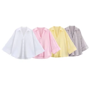 HipSeam Wide Sleeved Shirt Women Spring Asymmetric Hem Button Women's Shirts Simple Lady Johnny Collar Shirts & Blouses من التحرير الجماعيقميص نسائي بأكمام واسعة من HipSeam، مناسب لفصل الربيع، بحافة غير متماثلة وأزرار، قمصان نسائية بسيطة بياقة جوني وبلوزات