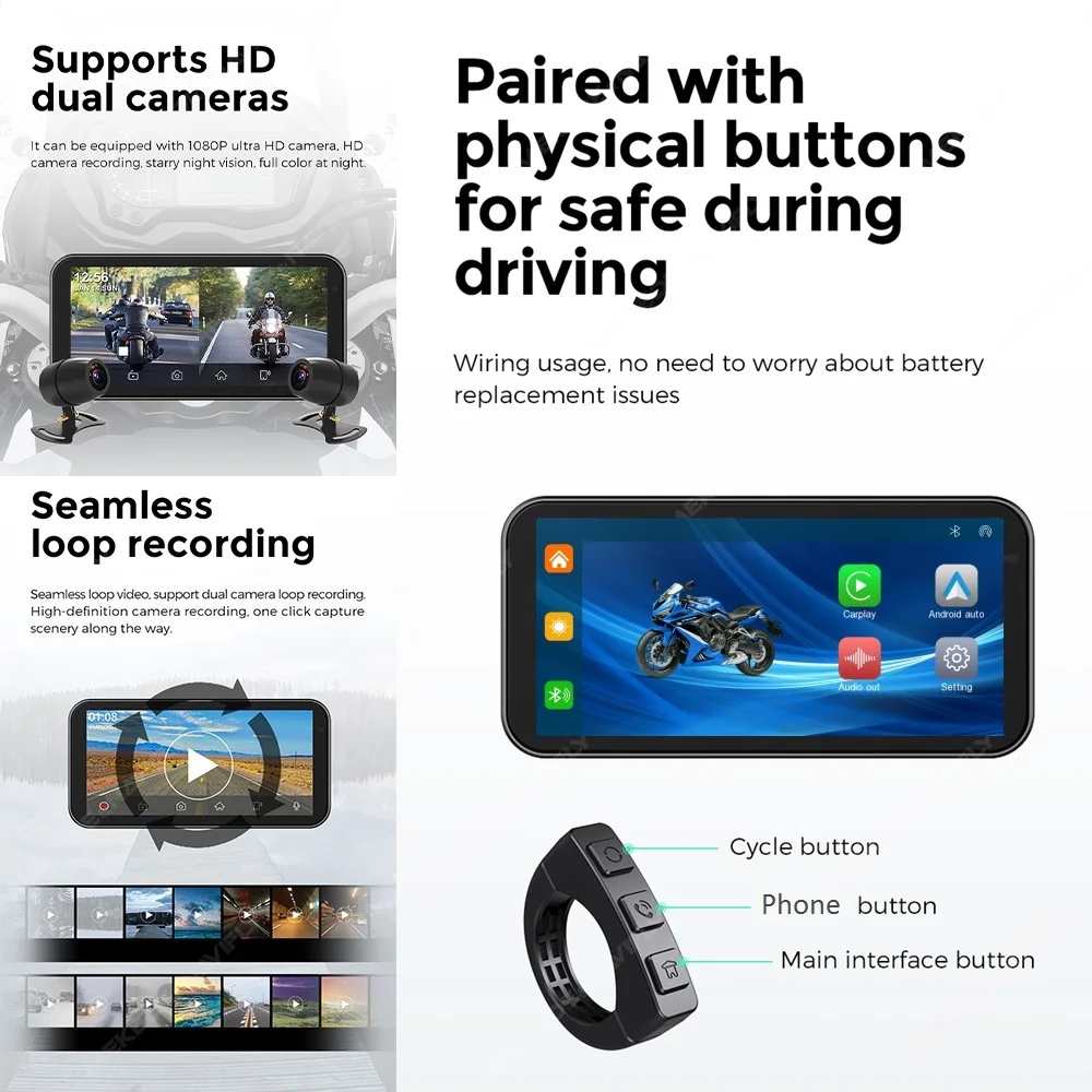 جهاز ملاحة GPS للدراجات النارية محمول مقاس 6.25 بوصة مقاوم للماء بمعيار IP67، يدعم CarPlay وAndroid Auto وDVR لتسجيل القيادة وشاشة مراقبة للدراجات النارية مع واي فاي من قسم التحرير الجماعيجهاز ملاحة GPS للدراجات النارية محمول بشاشة 6.25 بوصة، مقاوم للماء بمعيار IP67، مزود بتقنية لاسلكية CarPlay وAndroid Auto، مسجل فيديو رقمي للقيادة، وشاشة مراقبة للدراجات النارية بتقنية واي فاي - Image 4