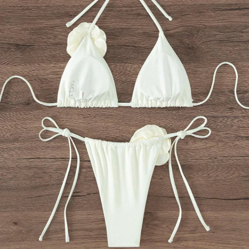 S - L Sexy 3D Flowers Halter Strappy Bikini Women Swimwear Female Swimsuit Two-pieces Bikini Set Bather Bathing Suit Swim من التحرير الجماعيمقاسات من S إلى L، بيكيني مثير ثلاثي الأبعاد مزين بالزهور، بتصميم هالتر وحمالات، ملابس سباحة نسائية، طقم بيكيني من قطعتين، ملابس سباحة - Image 4