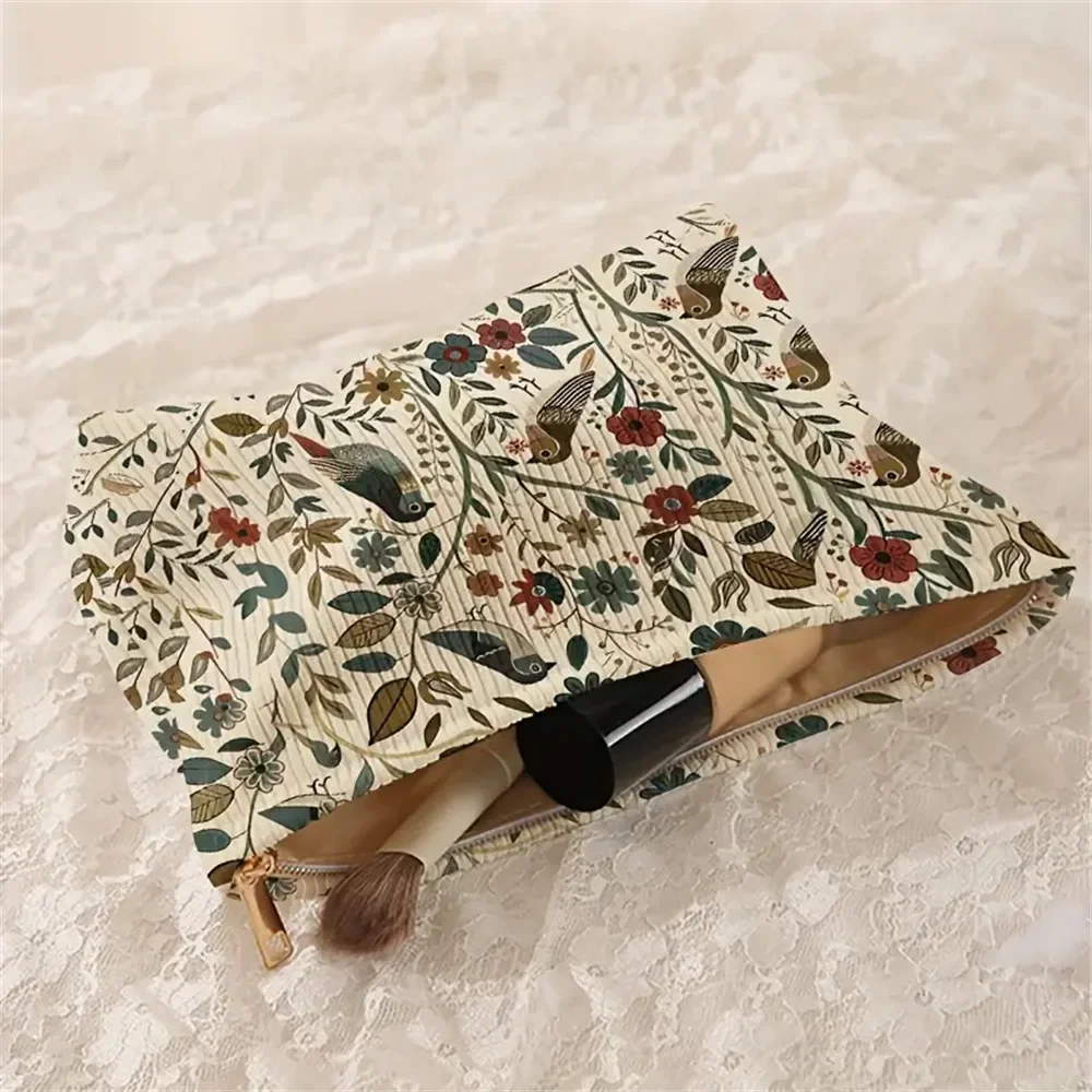 1pc Cosmetic Bags Branch Bird Pattern Women's Makeup Bag Corduroy Cosmetic Storage Bag Portable Commuting Travel Toiletry Bag - Image 2