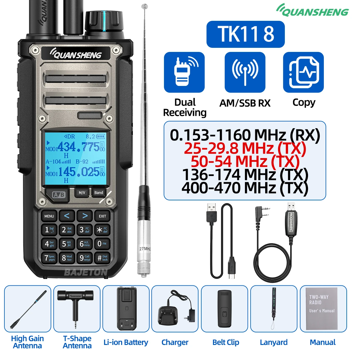 Quansheng TK11 8 Walkie Talkie Ham Radio 10W Dual Receiving PTT 27MHz CB CW LSB LW MW SW Type-C Charger NOAA for UV-K5 8 TK-11 5 من التحرير الجماعيجهاز لاسلكي هواة Quansheng TK11 8، بقدرة 10 واط، استقبال مزدوج، زر إرسال/تحدث، بتردد 27 ميجاهرتز، يدعم أنماط CB وCW وLSB وLW وMW وSW، مزود بشاحن من النوع C، متوافق مع NOAA لكاميرا UV-K5 8 TK-11 5 - Image 14