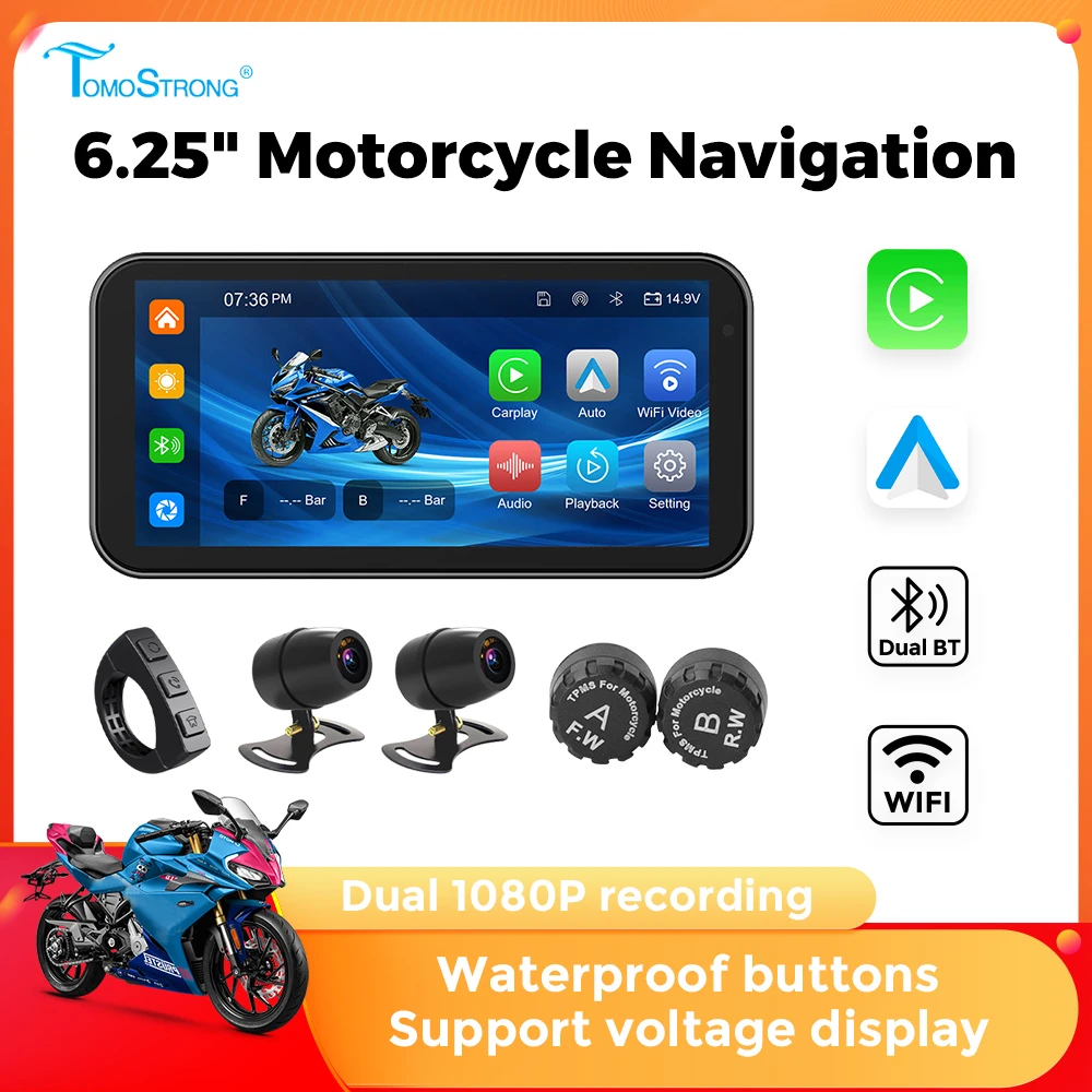 جهاز ملاحة GPS للدراجات النارية محمول مقاس 6.25 بوصة مقاوم للماء بمعيار IP67، يدعم CarPlay وAndroid Auto وDVR لتسجيل القيادة وشاشة مراقبة للدراجات النارية مع واي فاي من قسم التحرير الجماعيجهاز ملاحة GPS للدراجات النارية محمول بشاشة 6.25 بوصة، مقاوم للماء بمعيار IP67، مزود بتقنية لاسلكية CarPlay وAndroid Auto، مسجل فيديو رقمي للقيادة، وشاشة مراقبة للدراجات النارية بتقنية واي فاي