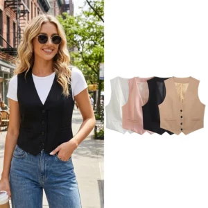 Willshela Women Fashion Single Sized Waistcoats Vest Vintage Without Sleeve Jackets Female Chic Lady Tank Tops من قسم التحرير الجماعيويلشيلا أزياء نسائية أنيقة، صدريات سادة بصف أزرار واحد، سترات كلاسيكية بدون أكمام، قمصان داخلية أنيقة للسيدات