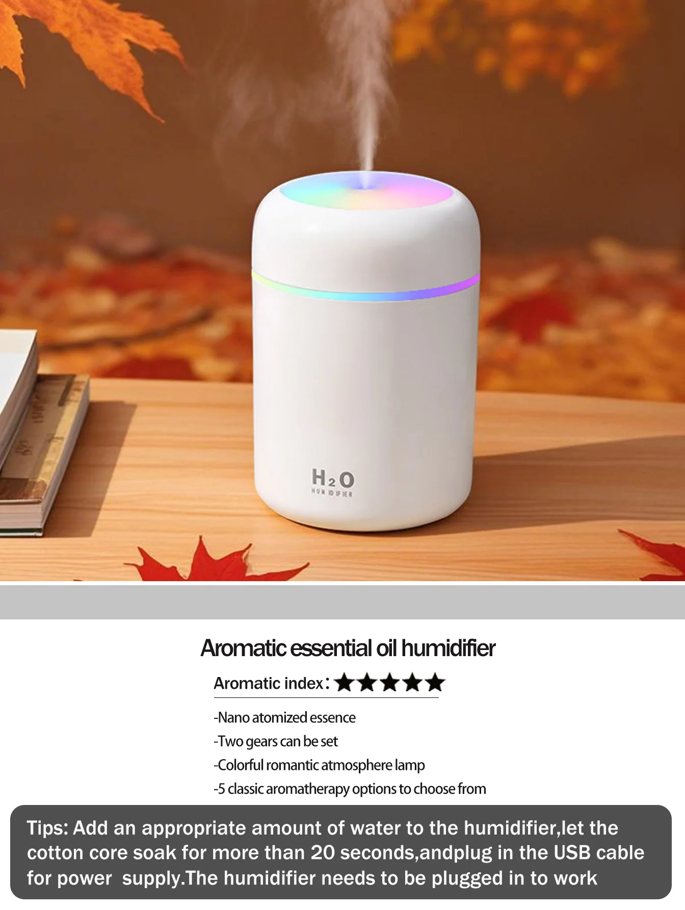 300ml Aromatherapy Diffuser Humidifier Air Purifier Car Home Use Seven-color Light Aromatherapy Essential Oil - Image 7