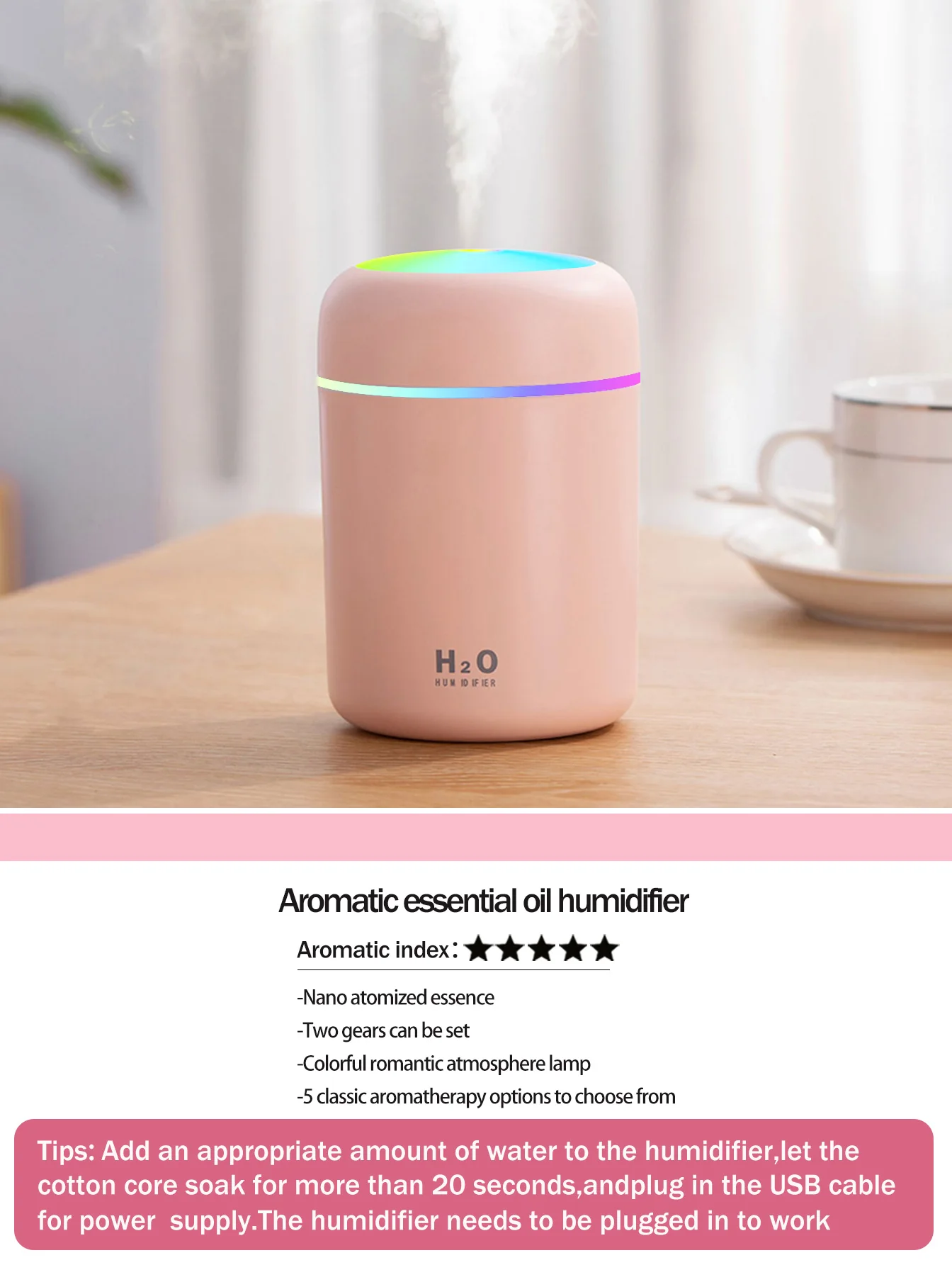 300ml Aromatherapy Diffuser Humidifier Air Purifier Car Home Use Seven-color Light Aromatherapy Essential Oil - Image 9