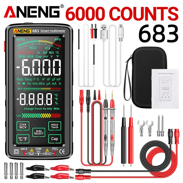 ANENG 683 Smart Multimeter Rechargeable High-end Touch 6000 Counts Multimetro Test Multitester AC/DC Voltage Tester Current Tool من التحرير الجماعيجهاز قياس متعدد ذكي ANENG 683 قابل لإعادة الشحن، عالي الجودة، يعمل باللمس، بسعة 6000 عد، جهاز اختبار متعدد الوظائف، جهاز اختبار جهد التيار المتردد/المستمر، أداة قياس التيار - Image 7