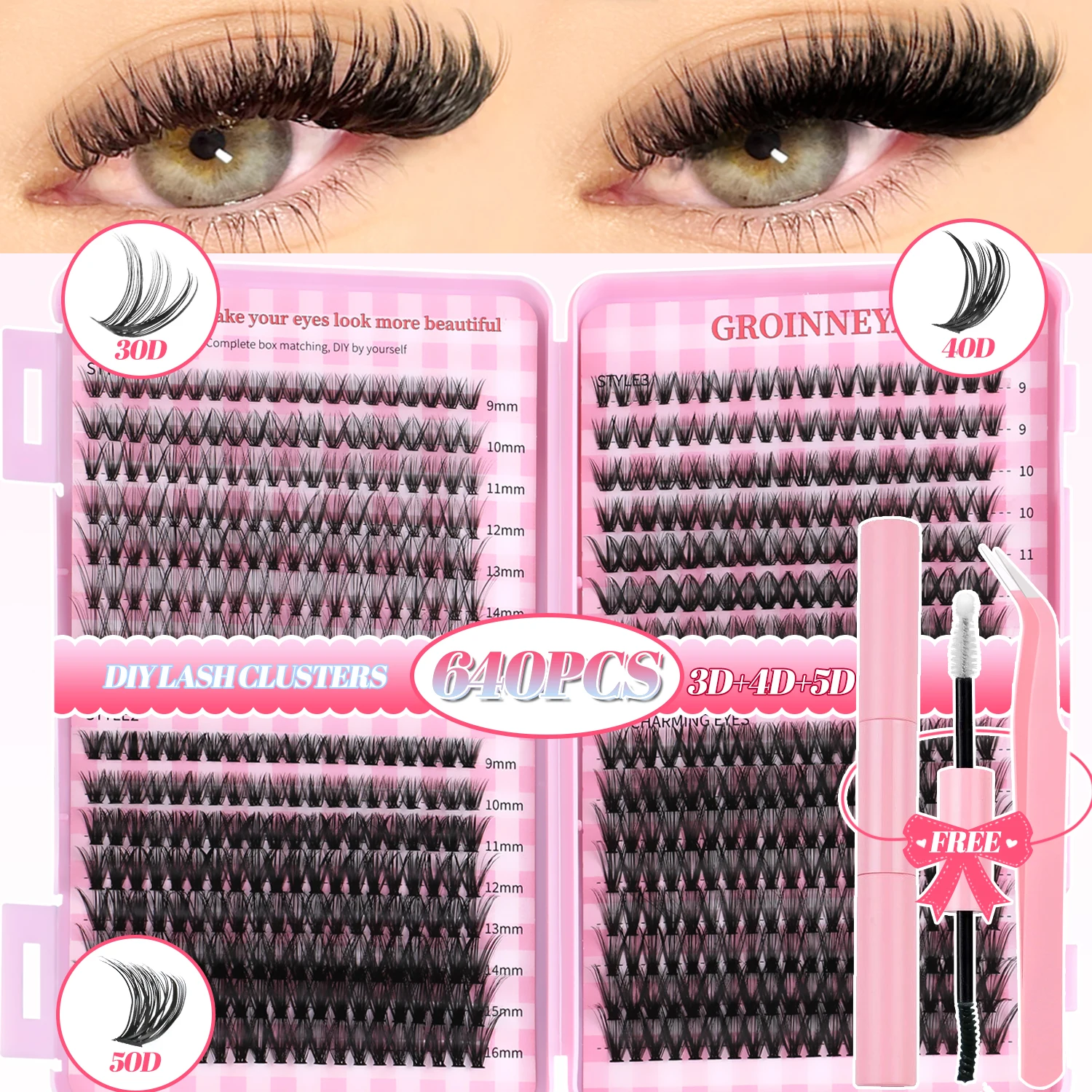 مجموعة رموش GROINNEYA DIY Lash Clusters Set Mixed Tray Lashes Kit Fluffy Individual Lashes Extension with Lash Bond and Seal At Home Makeup من قسم التحرير الجماعيمجموعة رموش جروينيا DIY، علبة رموش متنوعة، مجموعة رموش فردية كثيفة مع لاصق ومثبت للرموش، مكياج منزلي